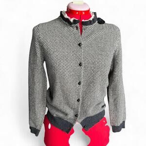 J Crew Wool Cashmere Cardigan With Ruffle Collar, Flower Detail & Black Buttons